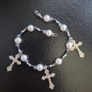 Silver and White Cross Charm Bracelet
